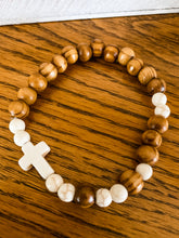 Load image into Gallery viewer, Wood &amp; White Turquoise Bead with Cross Bracelet