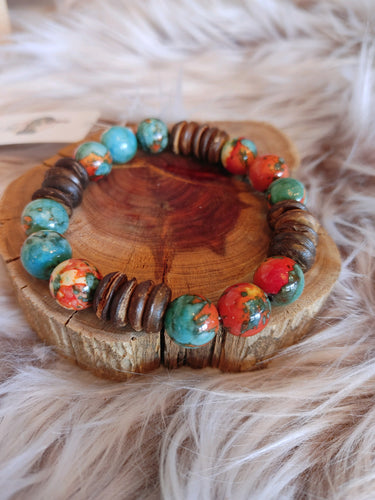 Turquoise and wood beaded bracelet