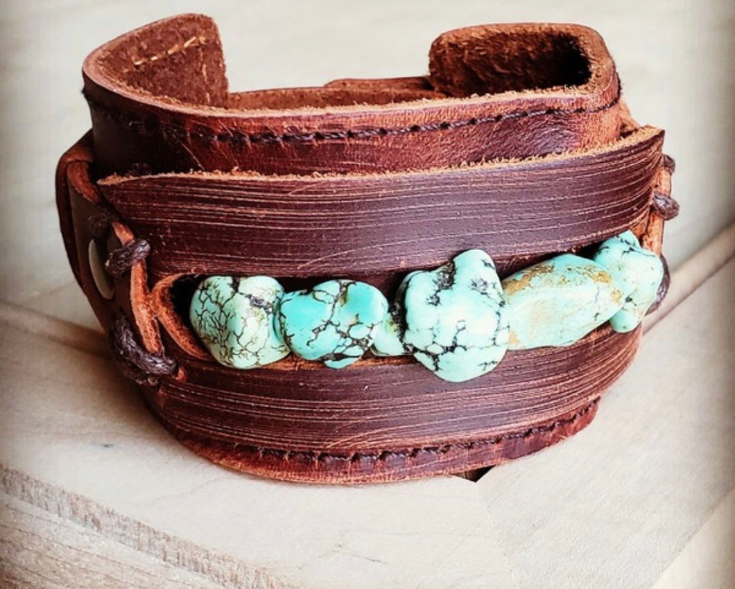 Turquoise chunk leather cuff